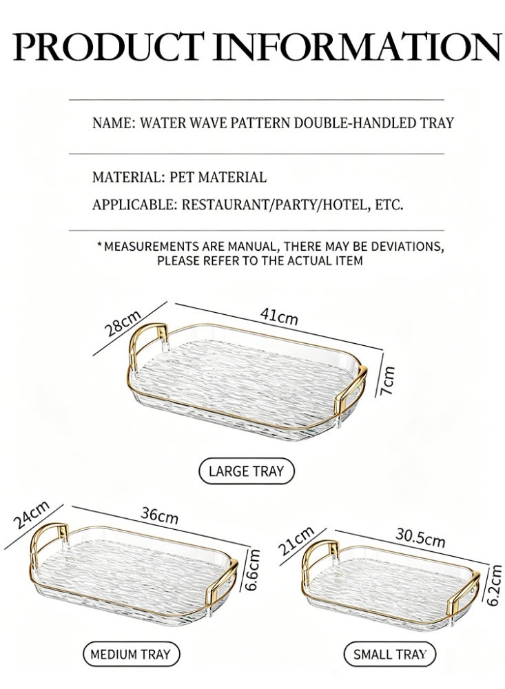 WOLFATION FOR YOU 3 PCS Clear Serving Tray, With Polished Metal Handles, Serving Plate, Wavy Pattern Clear Tray, Spill-Proof Tray, Decorative Serving Tray for Coffee Table, Tea, Storage - Image 3