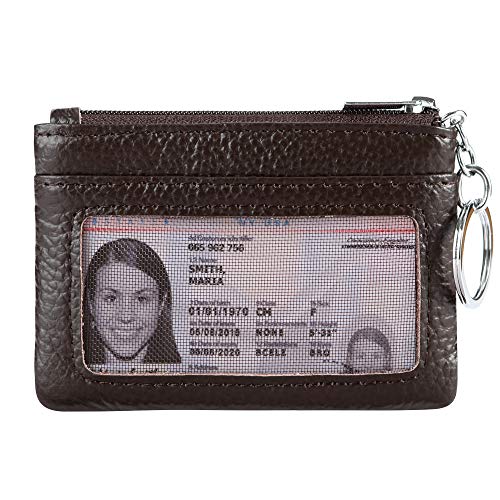 Cynure Women Genuine Leather Keychain Zipper Change Wallet Small Mini Pocket Size Coin Purse, Coffee - Image 1