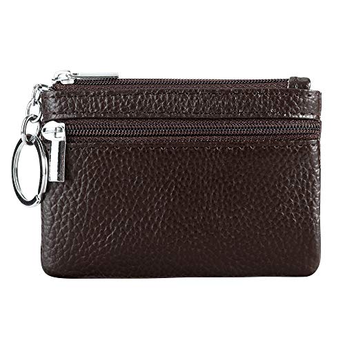 Cynure Women Genuine Leather Keychain Zipper Change Wallet Small Mini Pocket Size Coin Purse, Coffee - Image 2