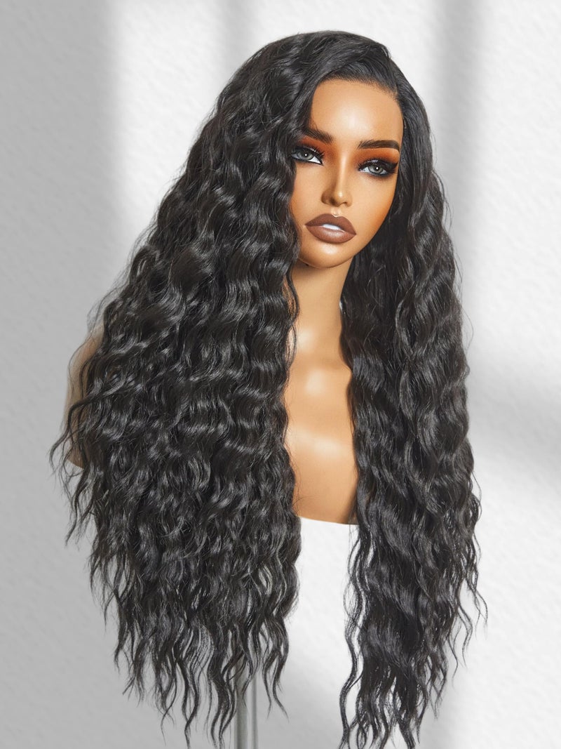 GORGIUS Ocean Wave Lace Front Wigs Pre Cut Glueless Side Part Closure Wig Synthetic Natural Black Long Wig 28 Inch - Image 1