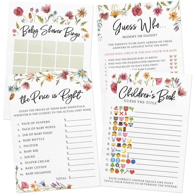 Printed Party Baby Shower Games for Girl â€“ 4 Games and Activities for 30 Guests, Includes Bingo, Price is Right, Mommy or Daddy Trivia, and Storybook Title Guessing, Wildflower Baby in Bloom Design - Image 1
