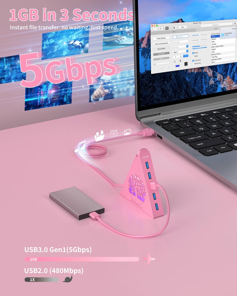 JoyReken 7-Port USB 3.0 Hub, RGB USB Hub with RGB Tree Light and 2ft Cable, USB Hub 3.0 Pink USB Expander for Laptop, PC, Flash Drive, HDD, Console, Printer, Keyboard, Mouse (Pink) - Image 2