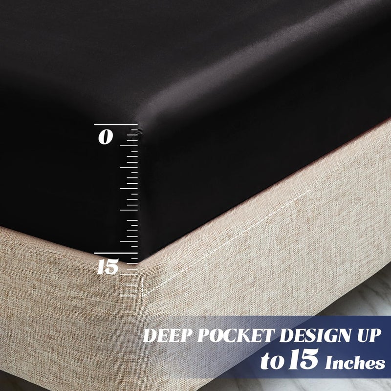 MR&HM MR&HM Satin Fitted Sheet King Size  Silky Bottom Sheet with Elastic Corner Straps  Deep Pocket up to 15 Inch  No More Slipping Off for Mattress - 1 Fitted Sheet Only (Black)  - Image 4