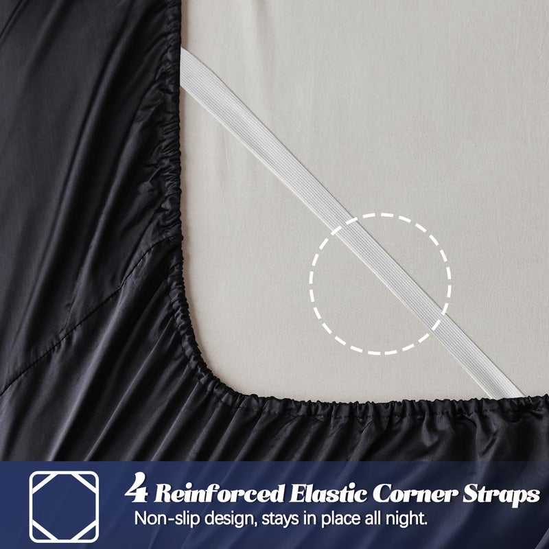 MR&HM MR&HM Satin Fitted Sheet King Size  Silky Bottom Sheet with Elastic Corner Straps  Deep Pocket up to 15 Inch  No More Slipping Off for Mattress - 1 Fitted Sheet Only (Black)  - Image 3