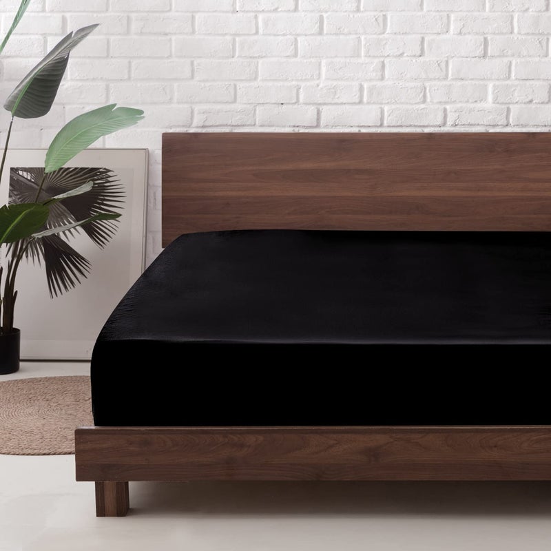 MR&HM MR&HM Satin Fitted Sheet King Size  Silky Bottom Sheet with Elastic Corner Straps  Deep Pocket up to 15 Inch  No More Slipping Off for Mattress - 1 Fitted Sheet Only (Black)  - Image 1