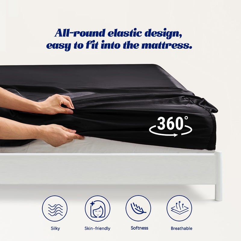MR&HM MR&HM Satin Fitted Sheet King Size  Silky Bottom Sheet with Elastic Corner Straps  Deep Pocket up to 15 Inch  No More Slipping Off for Mattress - 1 Fitted Sheet Only (Black)  - Image 5