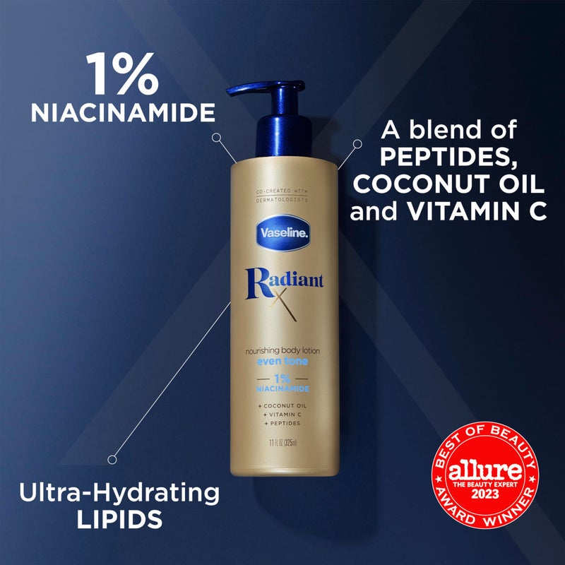Vaseline Radiant X Even Tone Nourishing Body Lotion With 1% Niacinamide, Coconut Oil, Vitamin C, & Peptides 11 oz - Image 3