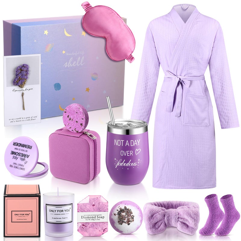 Nuogo 13 Pcs Birthday Gifts for Women Spa Basket Set for Women Mother's Day Gifts Mirrors Socks Steamers Jewelry Case Bath Robe Mom Nurse Girlfriend Wife - Image 1