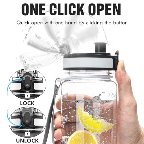 OLDLEY Water Bottle, 32oz Motivational Sports Water Bottle with Time Marker - Times to Drink - Tritan, BPA Free, Wide Mouth Leakproof, Clear (1 Bottle) - Image 4
