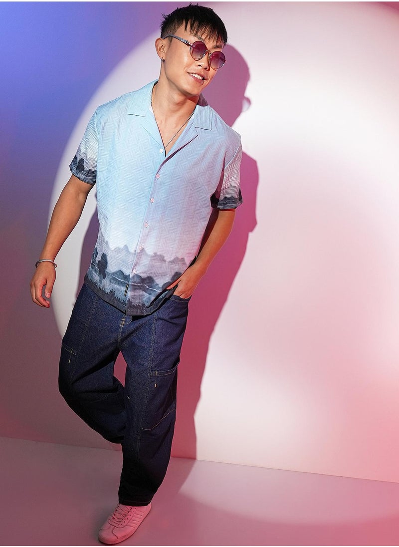 Campus Sutra - Men's Sky Blue & Space Blue Lakeside Ombre Shirt - Image 1