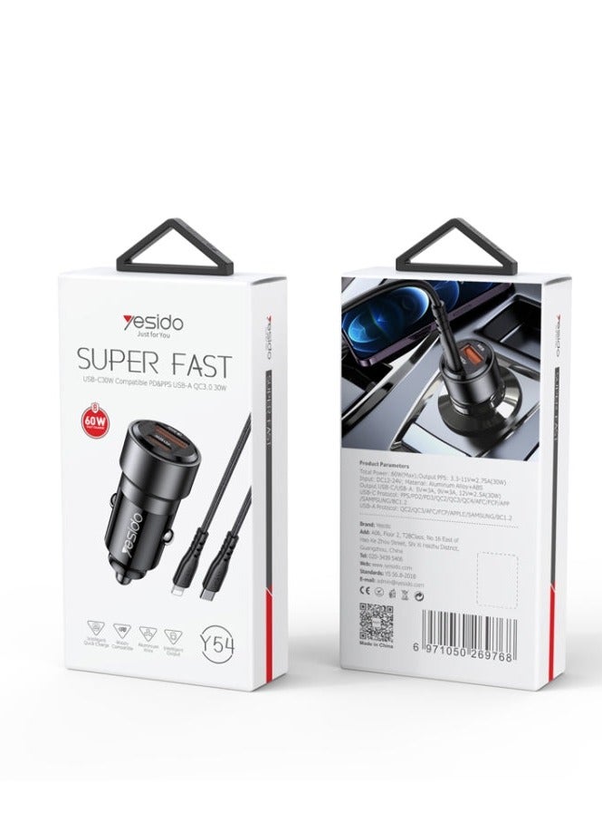 Yesido Yesido Y54 60W Car Charger with IPHONE Cable intelligent output widely compatible - Image 1