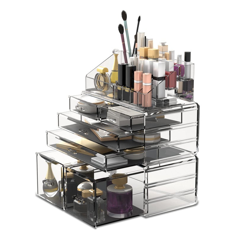 READAEER Makeup Organizer 3 Pieces Cosmetic Storage Case with 6 Drawers Clear