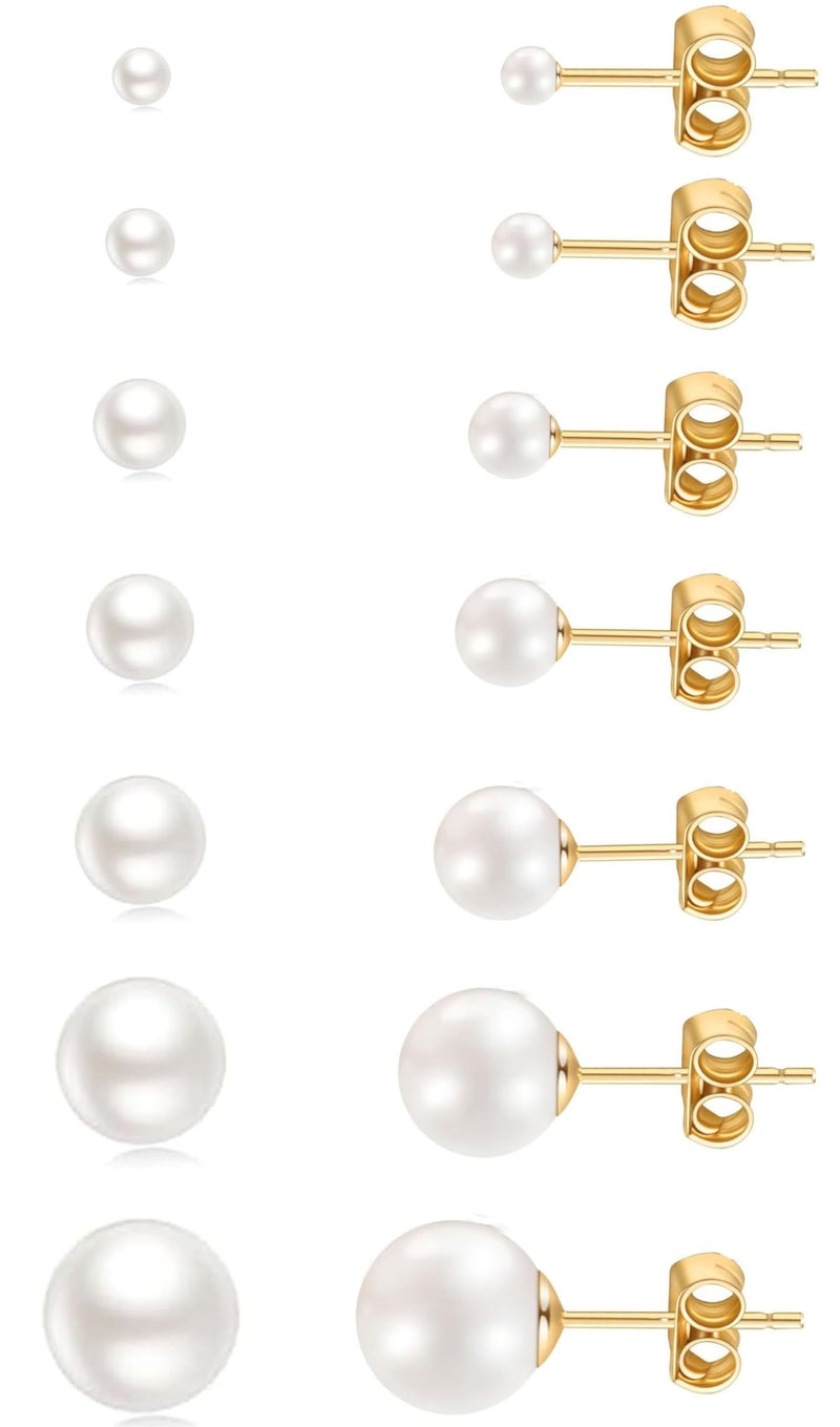 showself Pearl Small Gold Stud Earrings 14K Gold Plated Surgical Stainless Steel Round White Ball Stud Earrings Set for Women Men Hypoallergenic, Pack of 6 Pairs 7 Pairs (3mm - 8mm 10mm) - Image 1