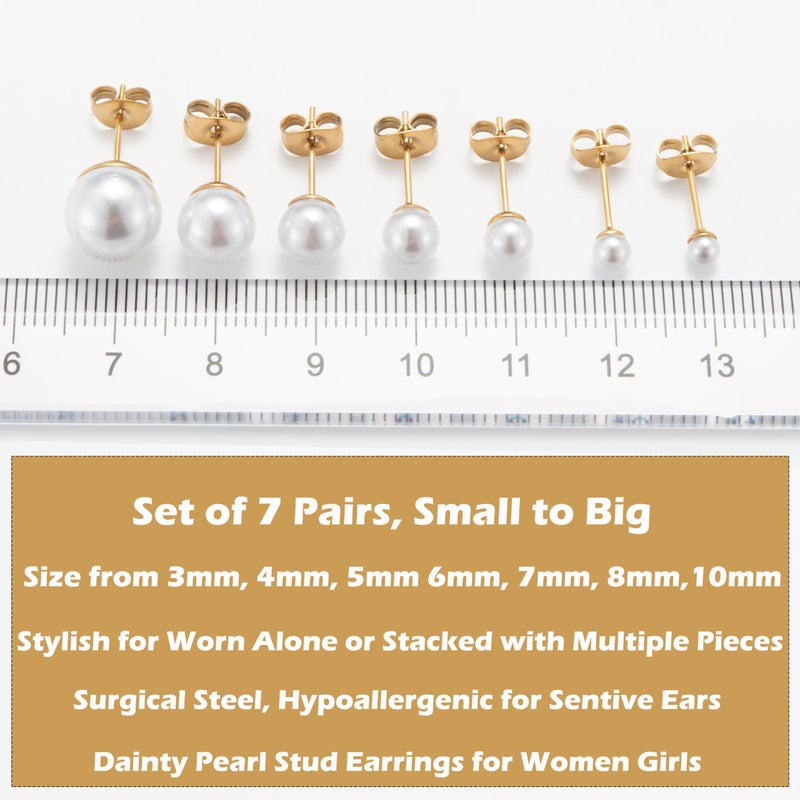showself Pearl Small Gold Stud Earrings 14K Gold Plated Surgical Stainless Steel Round White Ball Stud Earrings Set for Women Men Hypoallergenic, Pack of 6 Pairs 7 Pairs (3mm - 8mm 10mm) - Image 2