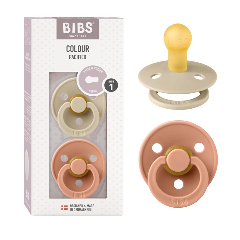 BIBS Pacifiers Colour Collection | Natural Rubber Baby Pacifier | Set of 2 BPA-Free Soothers | Made in Denmark | 6+ Months (Pack of 2) | Vanilla/Peach - Image 1