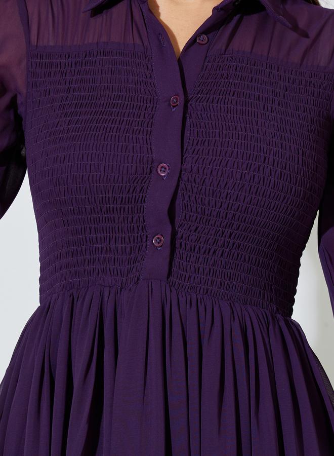 Styli Purple Solid Ruched Detail Shirt Maxi Dress with Long Sleeves - Image 4