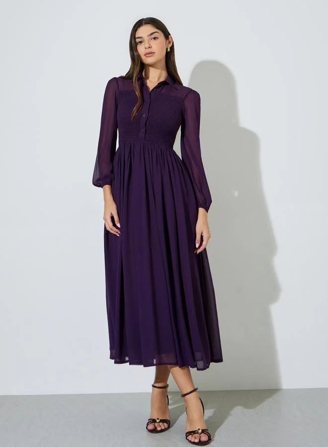 Styli Purple Solid Ruched Detail Shirt Maxi Dress with Long Sleeves