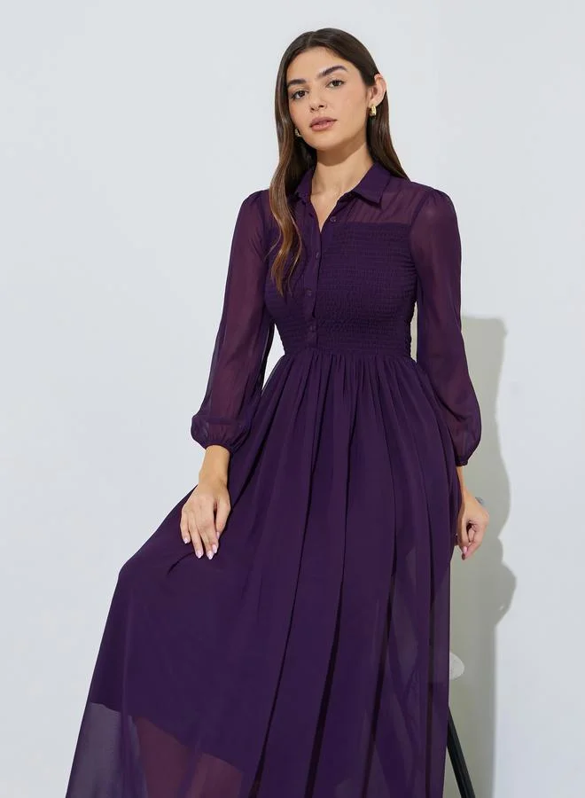 Styli Purple Solid Ruched Detail Shirt Maxi Dress with Long Sleeves