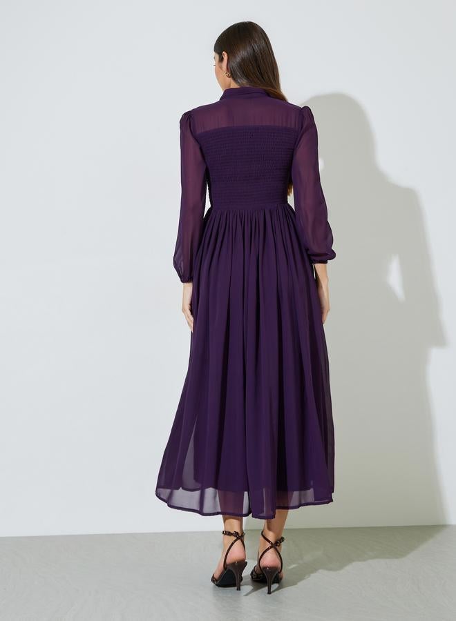 Styli Purple Solid Ruched Detail Shirt Maxi Dress with Long Sleeves - Image 3