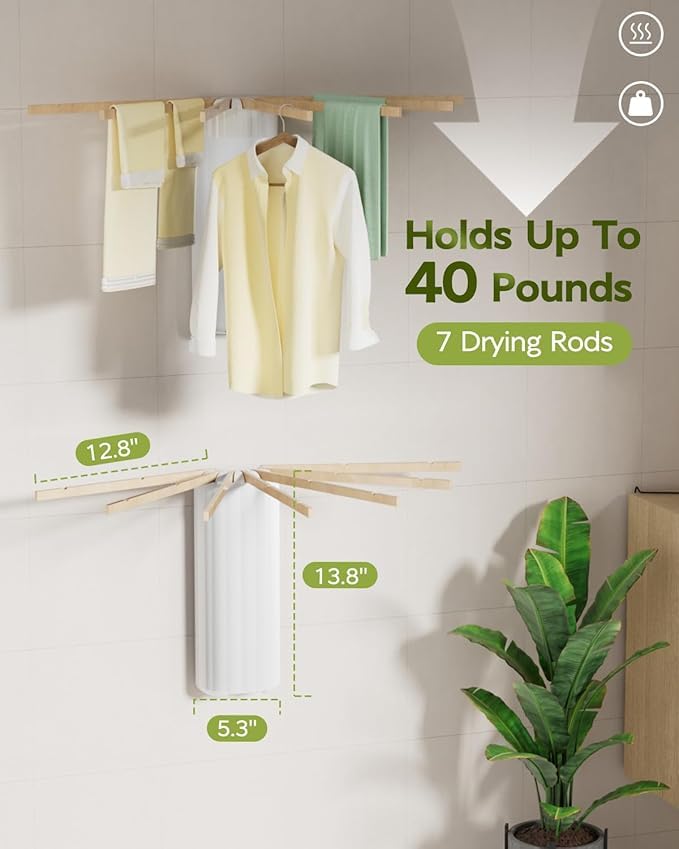 VPGS Clothes Drying Rack Foldable Wall Mounted Octopus Style Clothes Drying Rack Solid Wood Laundry Space Saver NailFree for Laundry Bathroom RV Bedroom Balcony - Image 3