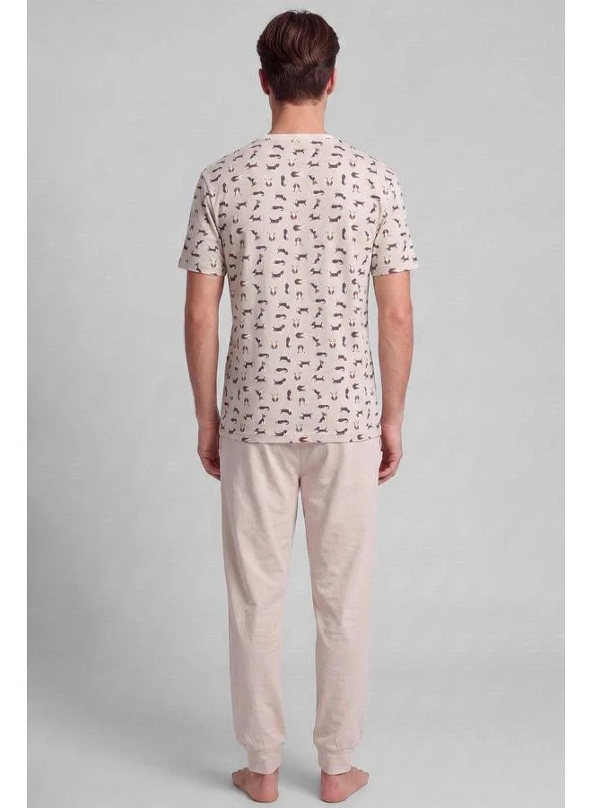 Aytuğ Mısırlı Men's Cotton Animal Print Pajama Set in Light Beige.