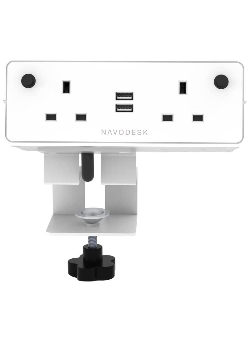 NAVODESK Desk Hub Clamp Power Strip with USB Charging Ports 2 Way extension 3 Pin Plug with 1.8m Cord White - Image 1
