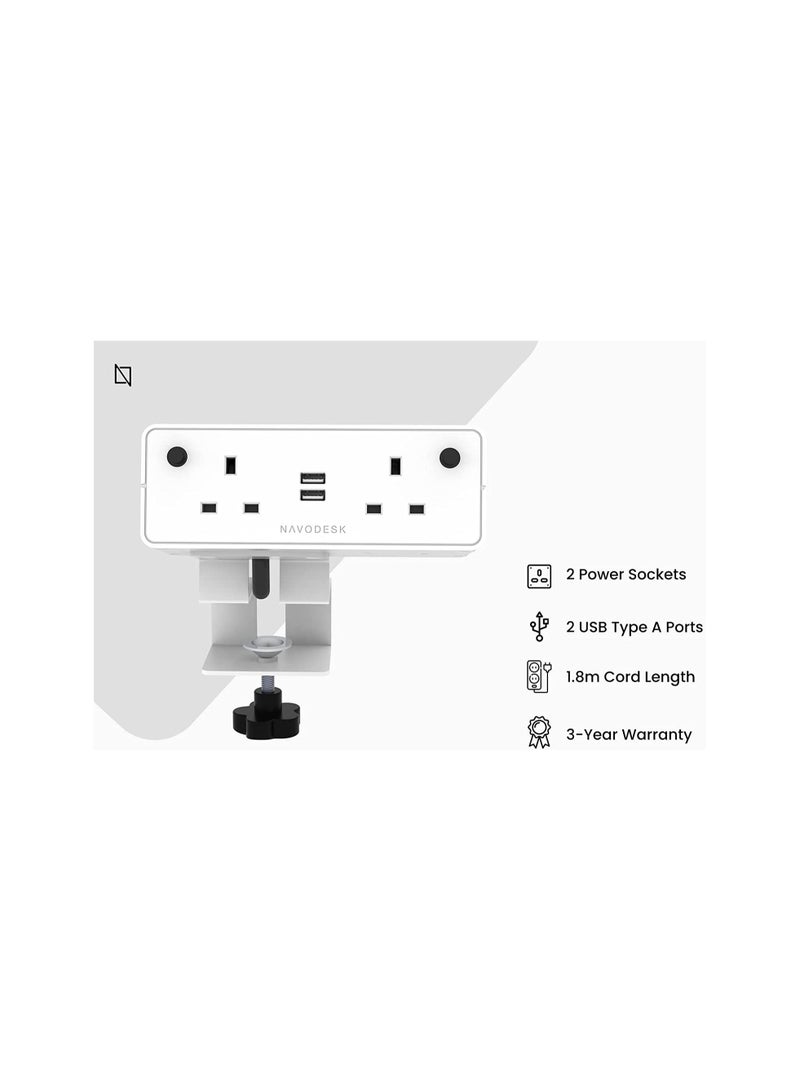 NAVODESK Desk Hub Clamp Power Strip with USB Charging Ports 2 Way extension 3 Pin Plug with 1.8m Cord White - Image 3