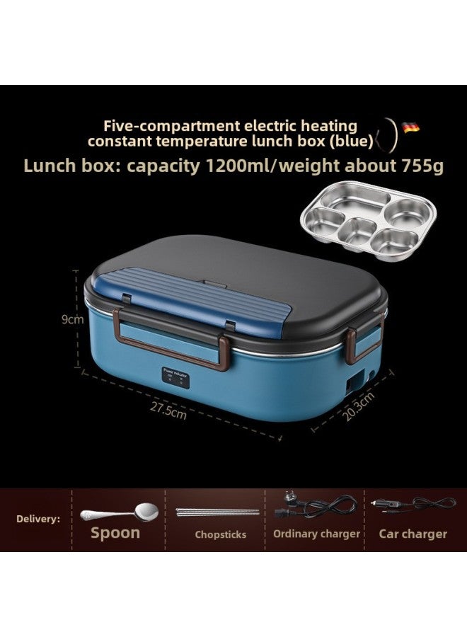 Electric Lunch Box Water Injection-free Heating Plug-in Electric Car Insulation Large Capacity Food Separated Hot Lunch Box-Specifications:(Blue) Electric Lunch Box Five Grids * With Spoon - Image 1