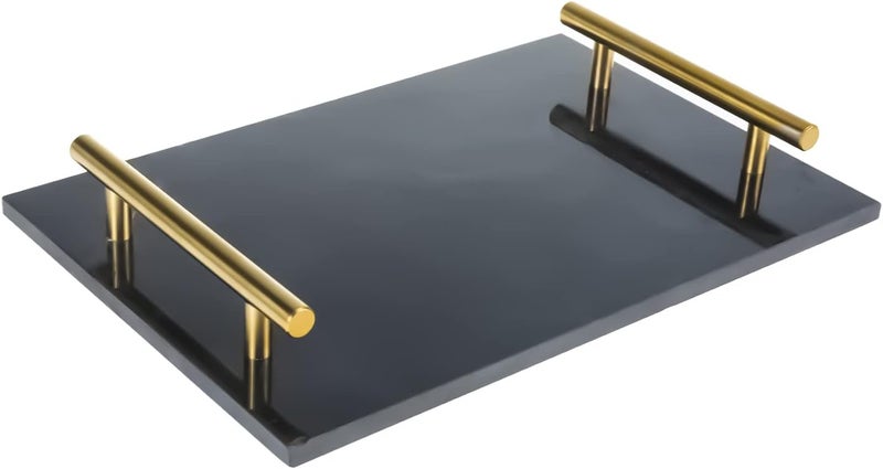 HighFree Marble Stone Decorative Tray, Handmade Nightstand Tray with Copper-Color Metal Handles for Counter, Vanity, Dresser, Nightstand and Desk (Black) - Image 1