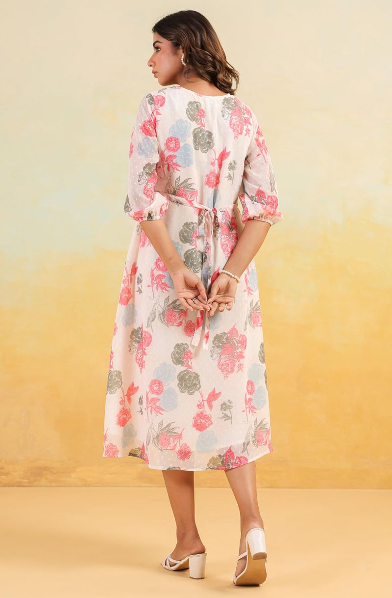 Janasya Women's Cream Georgette Floral Printed Flared Dress (JAC24DR01797-XL) - Image 4