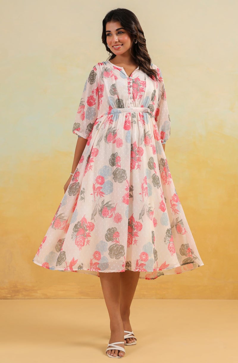 Janasya Women's Cream Georgette Floral Printed Flared Dress (JAC24DR01797-XL) - Image 3