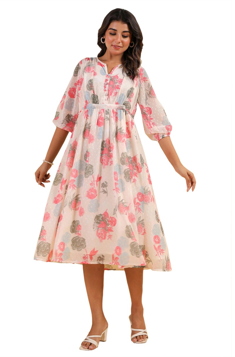 Janasya Women's Cream Georgette Floral Printed Flared Dress (JAC24DR01797-XL) - Image 1
