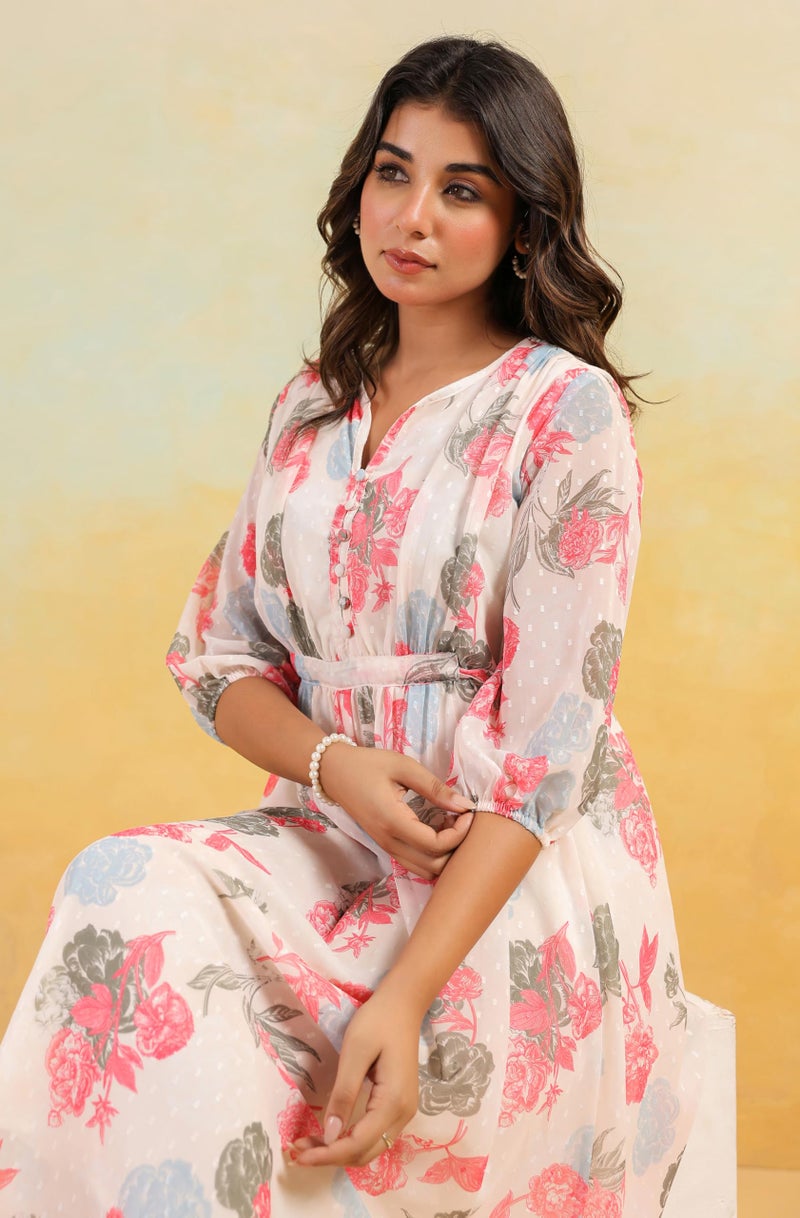 Janasya Women's Cream Georgette Floral Printed Flared Dress (JAC24DR01797-XL) - Image 2
