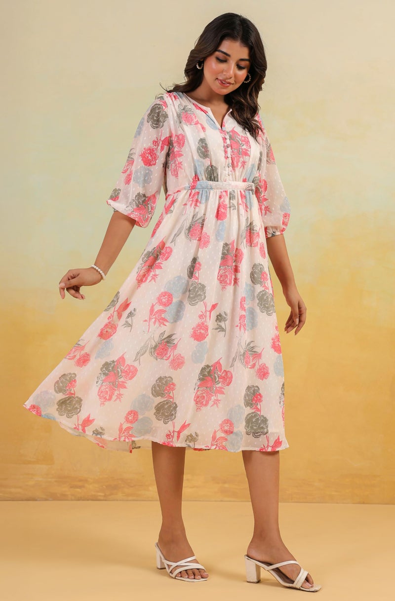 Janasya Women's Cream Georgette Floral Printed Flared Dress (JAC24DR01797-XL) - Image 5