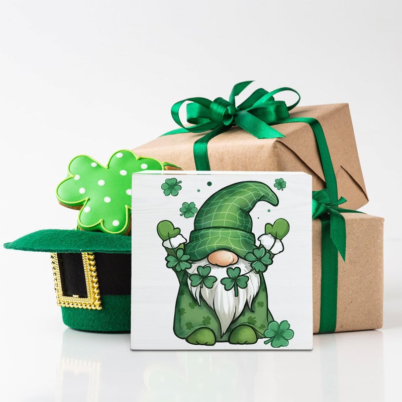 FLVGE St. Patrick's Day Decorations  Irish Lucky Table Centerpiece Signs  Shamrock Gnome Wooden Box Sign Desk Decor  Signs for St Patrick's Day Home Party Decor 5x5 - Image 4