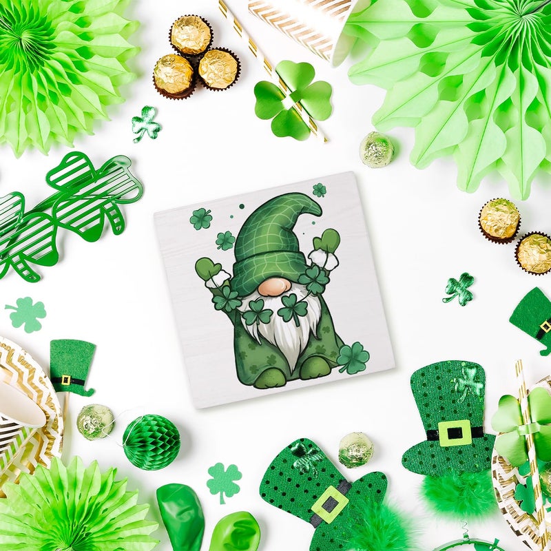 FLVGE St. Patrick's Day Decorations  Irish Lucky Table Centerpiece Signs  Shamrock Gnome Wooden Box Sign Desk Decor  Signs for St Patrick's Day Home Party Decor 5x5 - Image 2