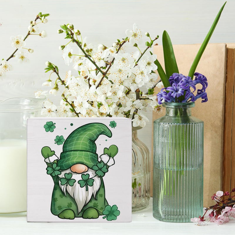 FLVGE St. Patrick's Day Decorations  Irish Lucky Table Centerpiece Signs  Shamrock Gnome Wooden Box Sign Desk Decor  Signs for St Patrick's Day Home Party Decor 5x5 - Image 5