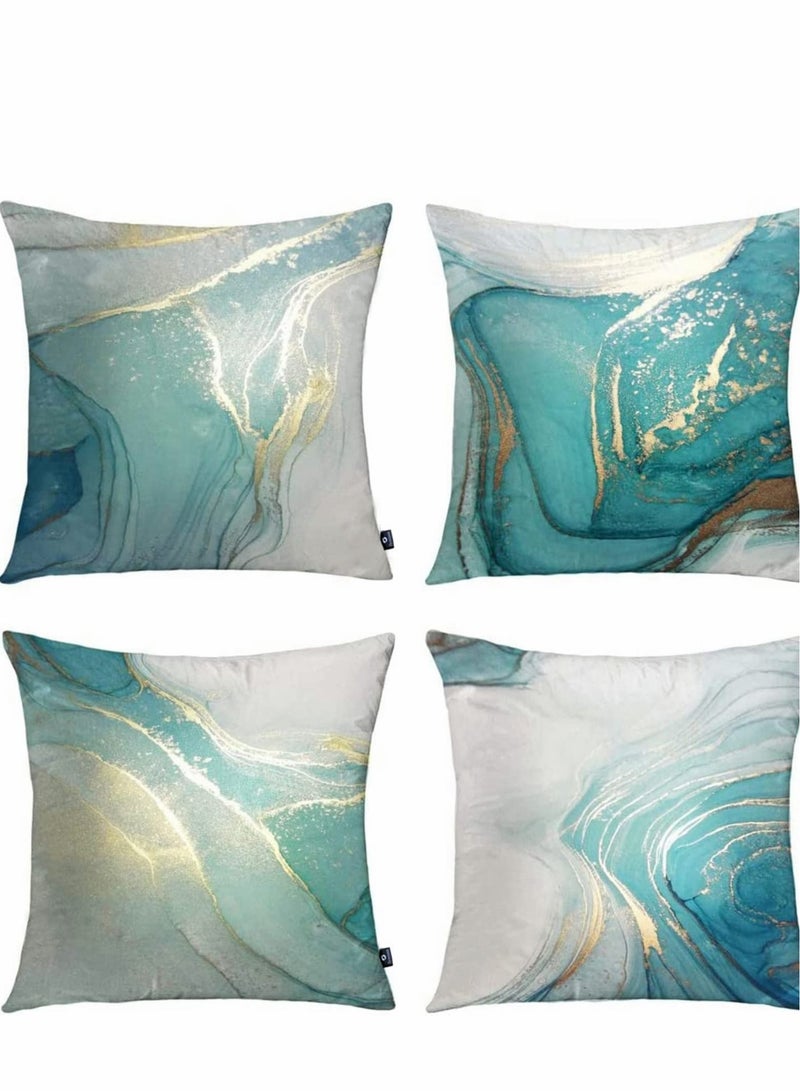 Captaintech Throw Pillow Covers, Marble Texture Turquoise and Gold Silver Decorative Case Set of 4, Luxury Abstract Fluid Art Ink Soft Velvet Square Cushion Covers for Bed Sofa Home Decor - Image 1