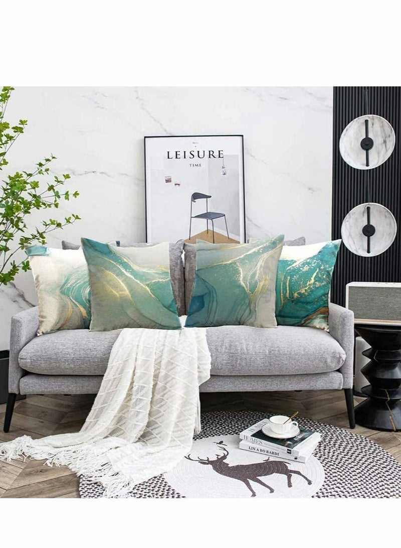 Captaintech Throw Pillow Covers, Marble Texture Turquoise and Gold Silver Decorative Case Set of 4, Luxury Abstract Fluid Art Ink Soft Velvet Square Cushion Covers for Bed Sofa Home Decor - Image 2
