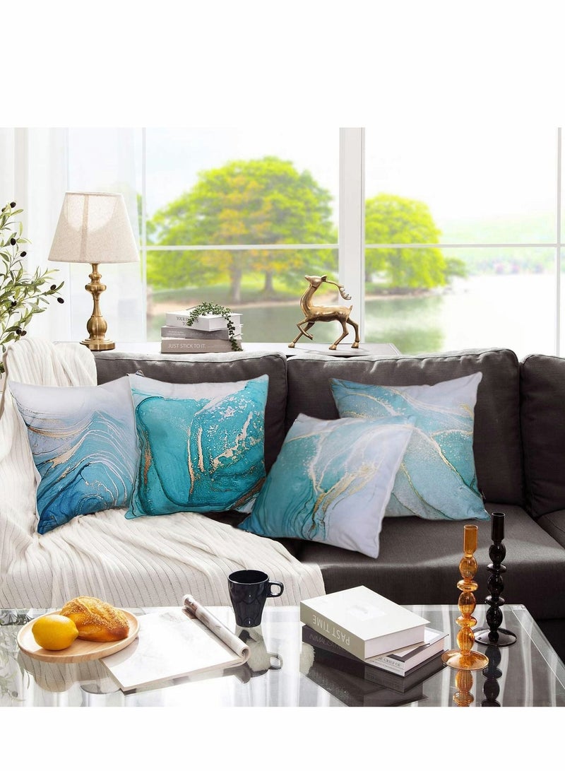 Captaintech Throw Pillow Covers, Marble Texture Turquoise and Gold Silver Decorative Case Set of 4, Luxury Abstract Fluid Art Ink Soft Velvet Square Cushion Covers for Bed Sofa Home Decor - Image 4
