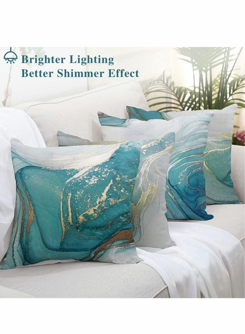 Captaintech Throw Pillow Covers, Marble Texture Turquoise and Gold Silver Decorative Case Set of 4, Luxury Abstract Fluid Art Ink Soft Velvet Square Cushion Covers for Bed Sofa Home Decor - Image 3