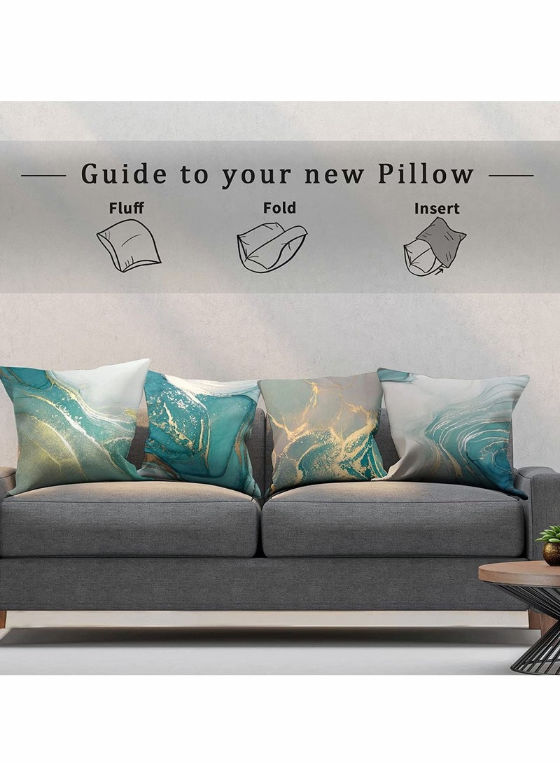 Captaintech Throw Pillow Covers, Marble Texture Turquoise and Gold Silver Decorative Case Set of 4, Luxury Abstract Fluid Art Ink Soft Velvet Square Cushion Covers for Bed Sofa Home Decor - Image 5