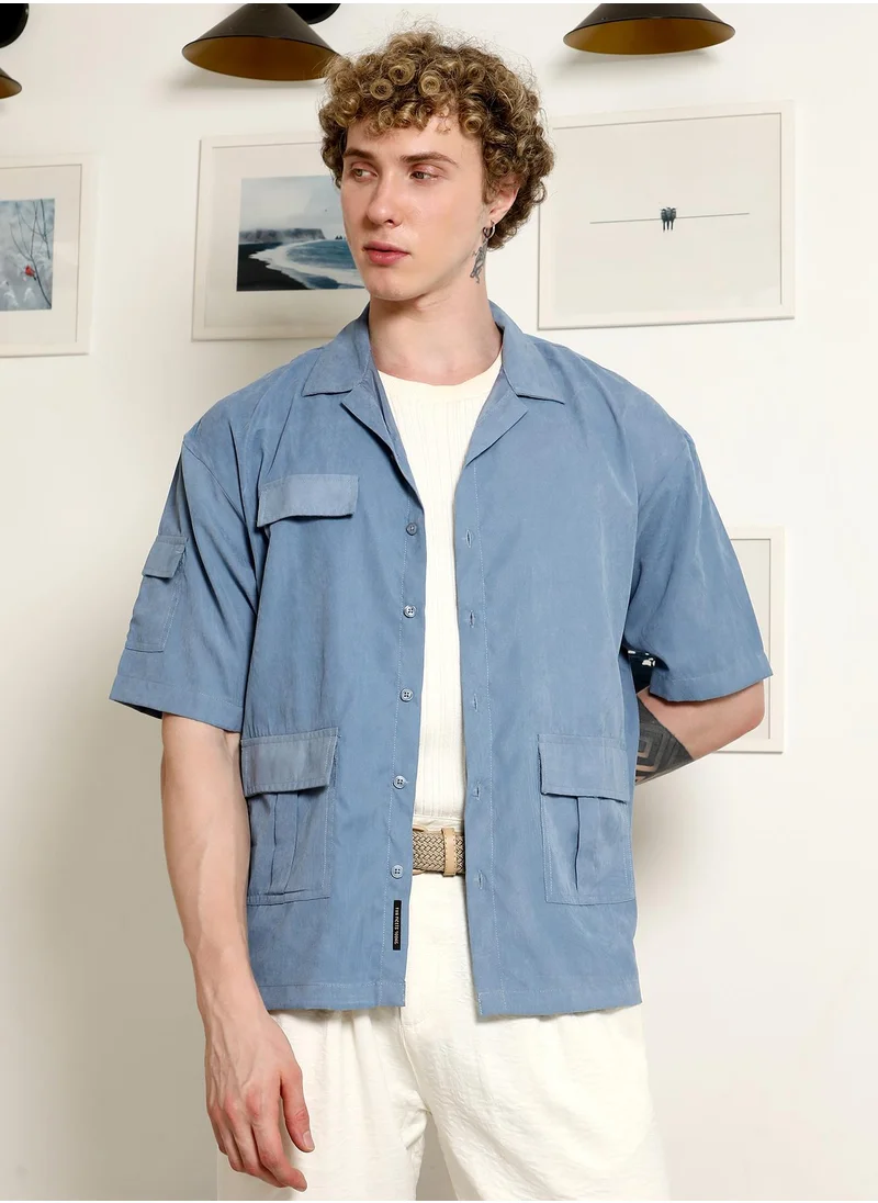Campus Sutra Men's Blue Cuban Collar Relaxed Fit Shirt With Flap Pockets