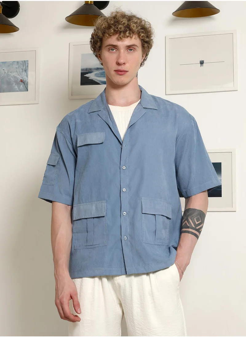 Campus Sutra Men's Blue Cuban Collar Relaxed Fit Shirt With Flap Pockets