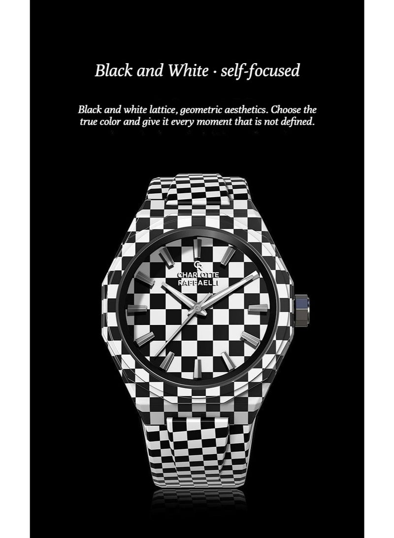 Charlotte Raffaelli Black and White Check Watch - Men's Fashionable, Individualistic, Small-Sized, Limited-Edition, Trendy Model - Image 4