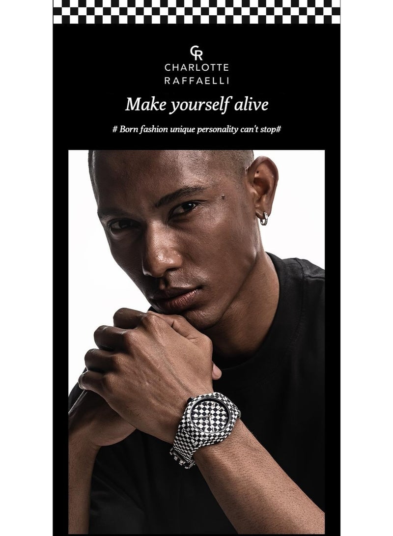 Charlotte Raffaelli Black and White Check Watch - Men's Fashionable, Individualistic, Small-Sized, Limited-Edition, Trendy Model - Image 2