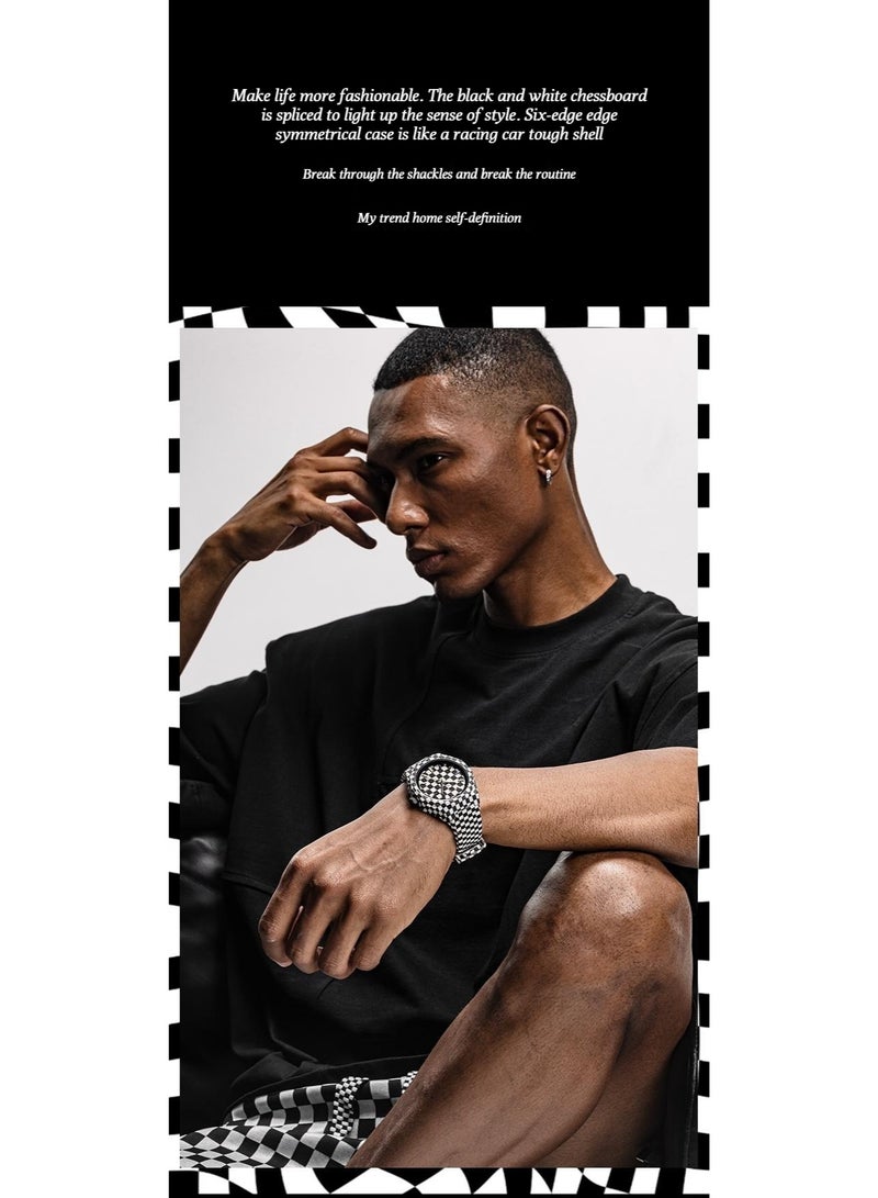 Charlotte Raffaelli Black and White Check Watch - Men's Fashionable, Individualistic, Small-Sized, Limited-Edition, Trendy Model - Image 3
