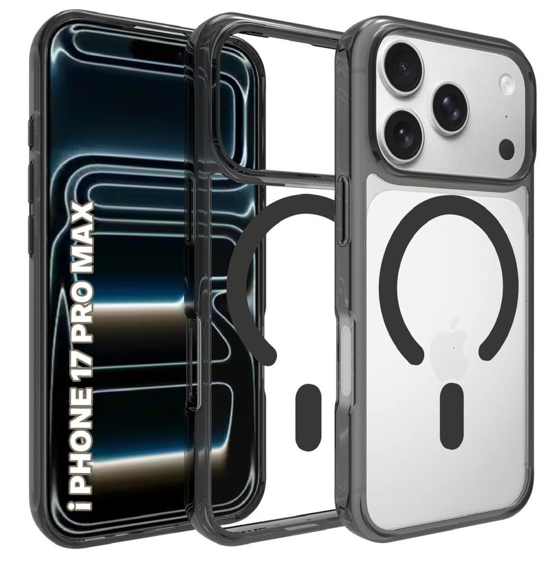 RIGGEAR Shockproof Clear Hybrid Armor Magnetic Back Cover Case Compatible with MagSafe Accessories for iPhone 17 Pro Max (Clear-Black TPU Bumper + Transparent PC)(Black MagRing) - Image 1