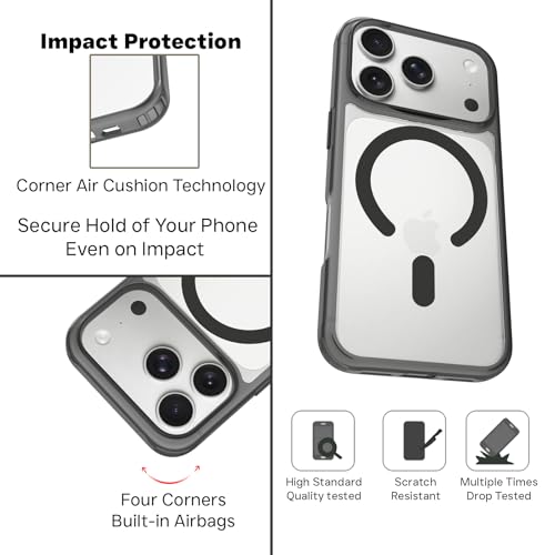 RIGGEAR Shockproof Clear Hybrid Armor Magnetic Back Cover Case Compatible with MagSafe Accessories for iPhone 17 Pro Max (Clear-Black TPU Bumper + Transparent PC)(Black MagRing) - Image 3