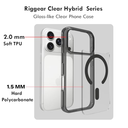 RIGGEAR Shockproof Clear Hybrid Armor Magnetic Back Cover Case Compatible with MagSafe Accessories for iPhone 17 Pro Max (Clear-Black TPU Bumper + Transparent PC)(Black MagRing) - Image 4